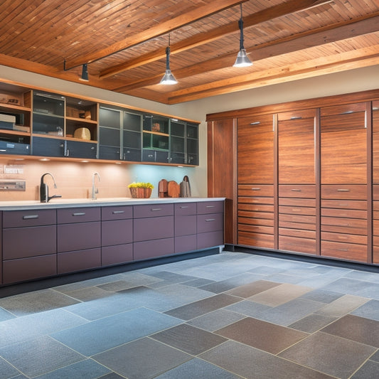 A modern, well-lit garage with sleek, floor-to-ceiling custom cabinets in a warm, dark wood tone, adorned with chrome hardware, and featuring a mix of open shelves and soft-close drawers.