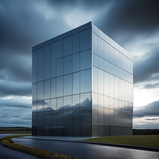 A futuristic, sleek, and modern architectural facade with large, rectangular, silver-coated weather-resistant panels seamlessly integrated, reflecting a cloudy sky with subtle sunlight peeking through.