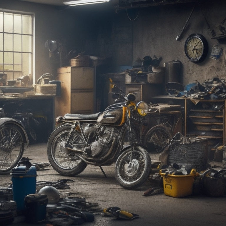 A cluttered garage with tools scattered on the floor, a broken bike leaning against a wall, and a car parked amidst the chaos, with a clock in the background showing time being wasted.