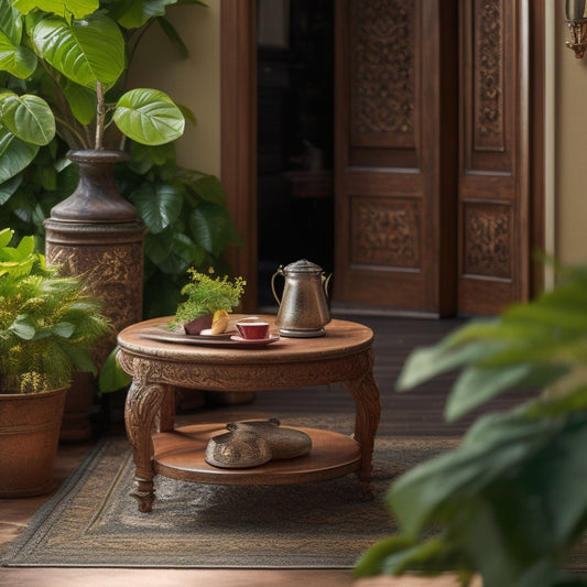 An old wooden door, sanded and stained, transformed into a functional coffee table with metal legs, surrounded by lush greenery and vintage decorative items, against a warm beige background.