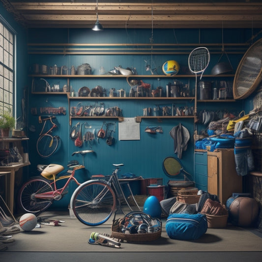 A cluttered garage interior with seasonal decorations, outdoor furniture, and sports equipment stacked haphazardly, with a single, worn-out tennis racket hanging from the ceiling amidst the chaos.