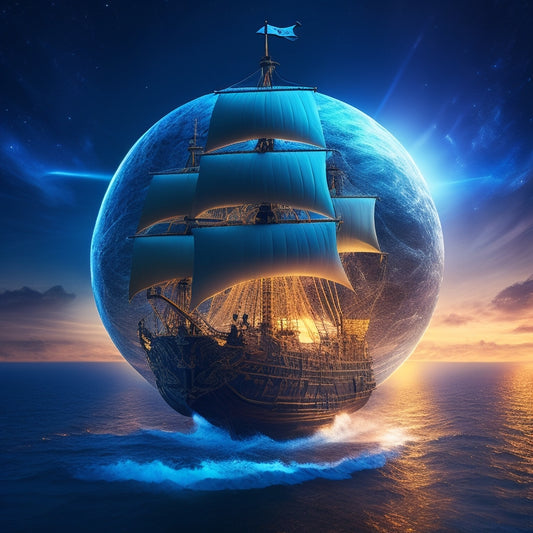 A futuristic, glowing globe with a pirate ship sailing through cyberspace, surrounded by swirling lines of code and servers, with a faint Jolly Roger flag waving in the background.