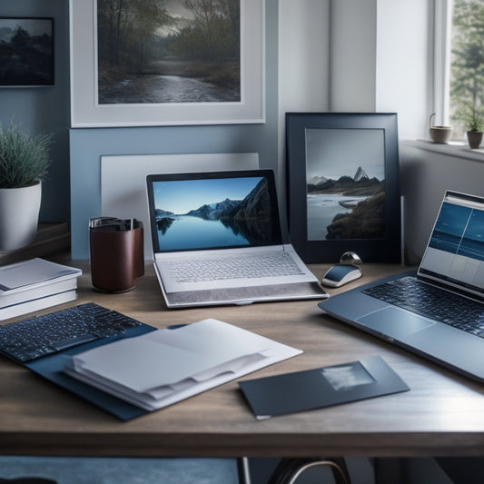 A cluttered desk with scattered papers, files, and a laptop, transformed into a tidy space with a minimalist desktop, organized folders, and a sleek external hard drive, surrounded by calm, soothing colors.