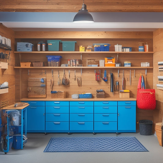 A well-organized garage interior with storage bins, shelves, and hooks, featuring a slatwall with baskets, a pegboard with tools, and a loft storage area above a workbench.