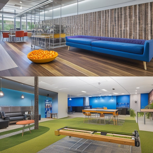 A vibrant, modern office space with a foosball table, a relaxation lounge with a hammock, and a cafeteria with a variety of healthy food options and a juice bar.