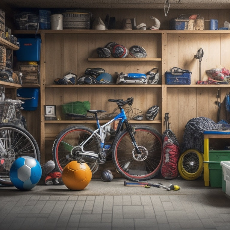 A messy garage with scattered sports equipment, including a bicycle, skateboard, and soccer balls, surrounded by cluttered shelves and disorganized storage bins, with a subtle hint of a tidy solution in the background.