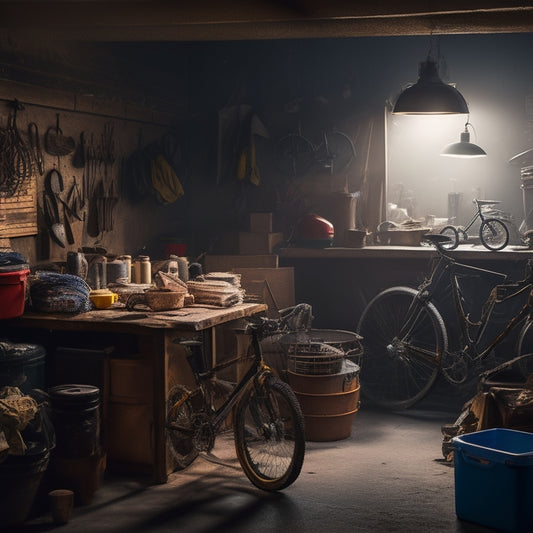 A dimly lit garage with cluttered shelves, scattered tools, and a messy workbench, surrounded by cobwebs, with a few bicycles and boxes stacked haphazardly, casting long shadows.