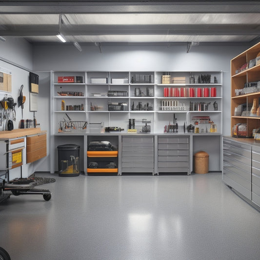 A tidy garage interior with sleek, silver cabinets, labeled bins, and a pegboard displaying organized tools, surrounded by a polished concrete floor and a few strategically parked vehicles.