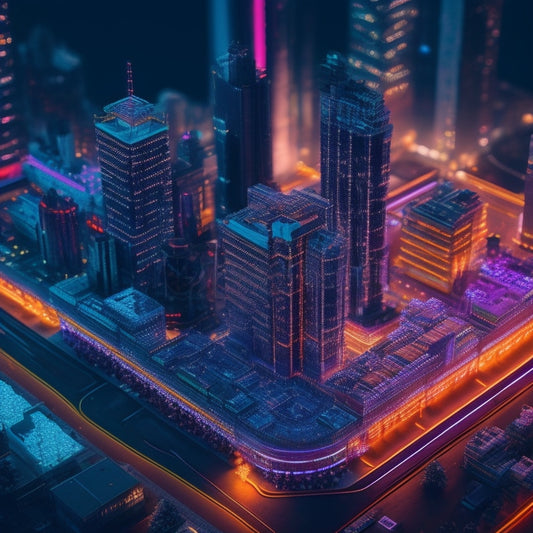 A stylized, futuristic illustration of a miniature cityscape with sleek skyscrapers and neon lights, powered by a series of compact, glowing energy cubes with circuit board patterns.