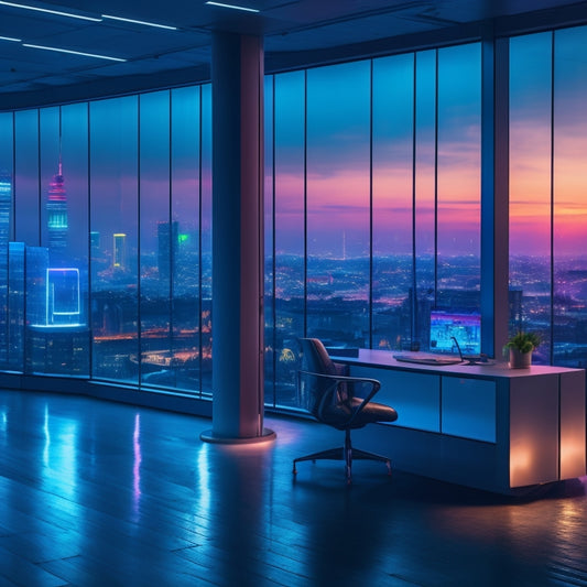 A futuristic, sleek digital hub with neon-lit floors, minimalist workstations, and towering glass walls, set against a backdrop of Katowice's cityscape at dusk, with subtle LED lights and blurred motion.