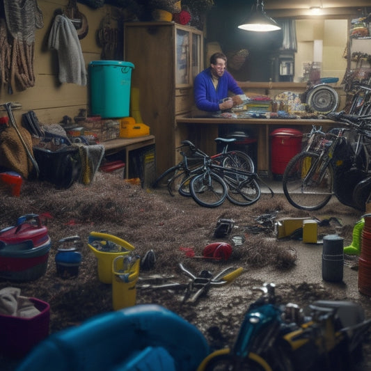 A cluttered garage with bicycles, toys, and tools scattered about, with a family of four in the background, looking frazzled and overwhelmed, amidst the chaos.