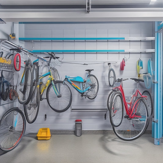 A well-organized garage with a sleek, silver overhead storage rack suspended from the ceiling, holding several labeled bins and a few bicycles, with a ladder leaning against the wall.