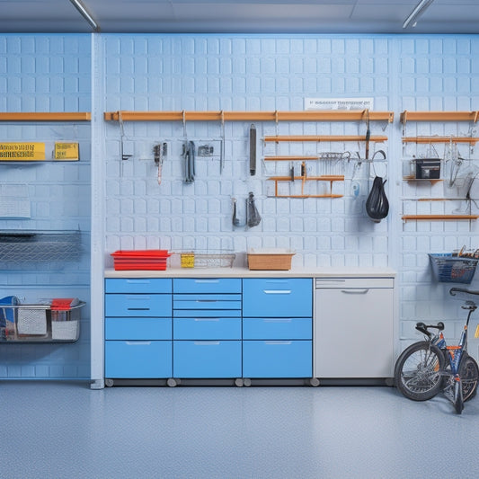 A well-organized garage interior with sleek metal cabinets, labeled bins, and a pegboard adorned with hanging tools, set against a light gray concrete floor and crisp white walls.