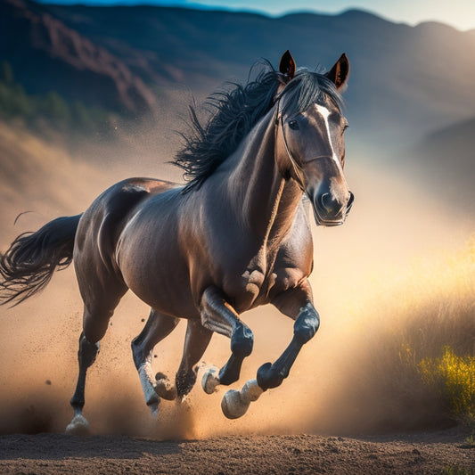 A rugged, black horse in motion, galloping through a rocky, mud-splattered terrain, with a grille guard emblazoned on its chest, surrounded by a halo of light, conveying strength and protection.