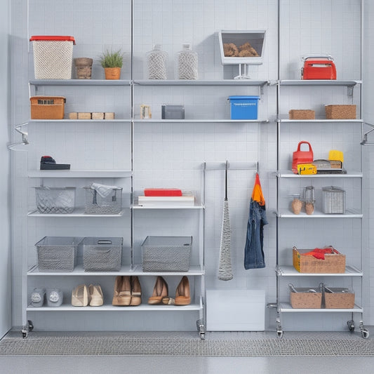 A well-organized garage with sleek, silver metal shelving units, clear storage bins, and a pegboard with hanging tools, set against a clean, gray concrete floor and a white background.