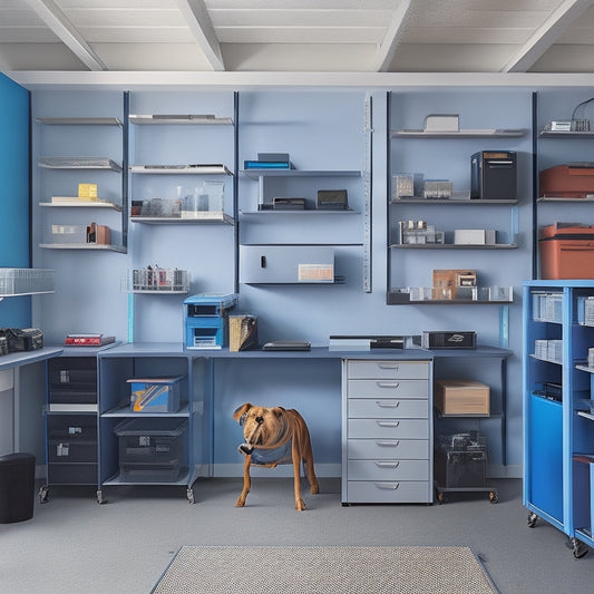 A well-organized garage with a dedicated home office area, featuring a sleek, wall-mounted shelving unit holding a printer, scanner, and router, surrounded by neatly labeled storage bins and a tidy workspace.