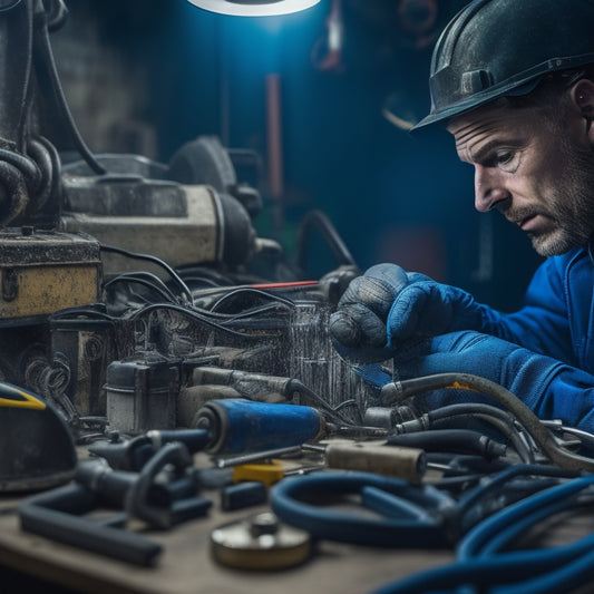 A close-up of a frustrated mechanic's hands surrounded by scattered tools, wires, and Onan genset components, with a puzzled expression reflected in a nearby toolbox mirror.
