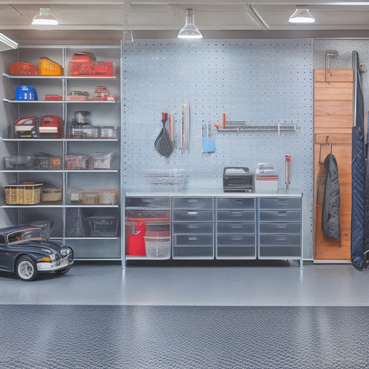 A clutter-free garage with a sleek, silver pegboard adorned with neatly hung tools, a custom-built shelving unit with labeled bins, and a polished, epoxy-coated floor reflecting a perfectly parked car.