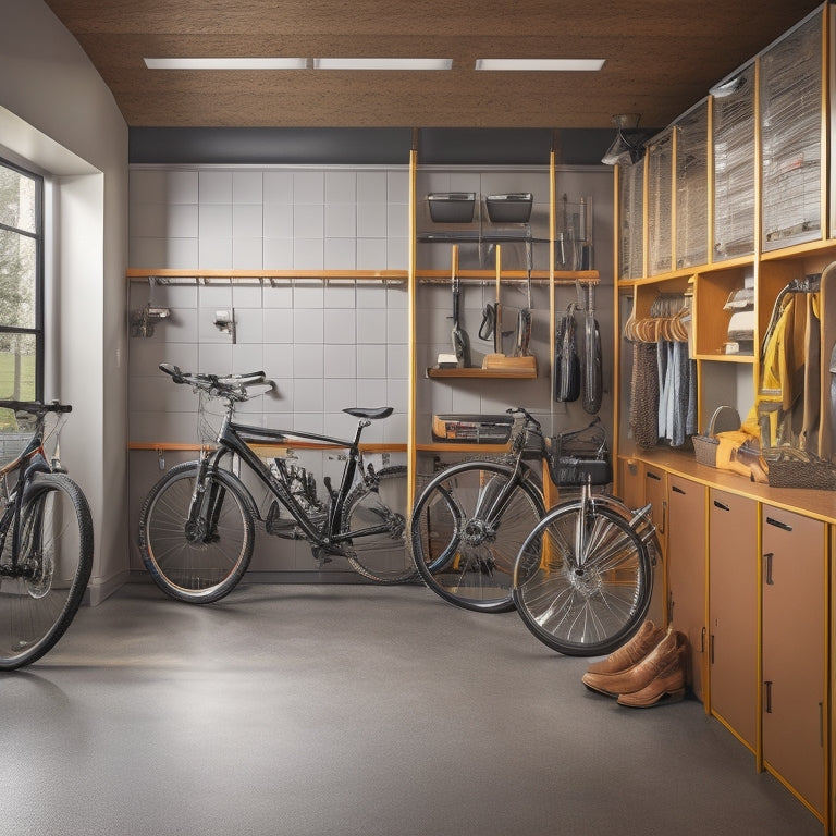 A well-organized garage interior with sleek, wall-mounted cabinets in a metallic finish, surrounded by a clutter-free floor, bicycles, and tools hung from hooks, with natural light pouring in through a window.