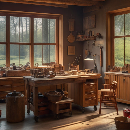 A well-lit, spacious workshop with a wooden workbench in the center, surrounded by organized toolboxes, wooden shelves, and a large window with a forest view in the background.