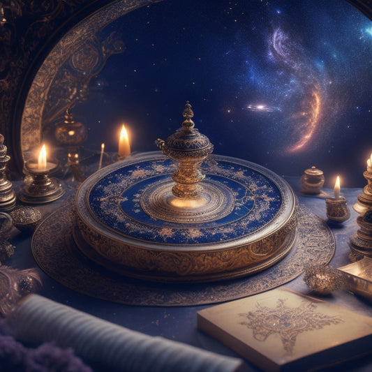 A swirling vortex of stars and galaxies in the background, with a glowing, ornate celestial map in the foreground, surrounded by scattered scrolls, candles, and mystical artifacts.