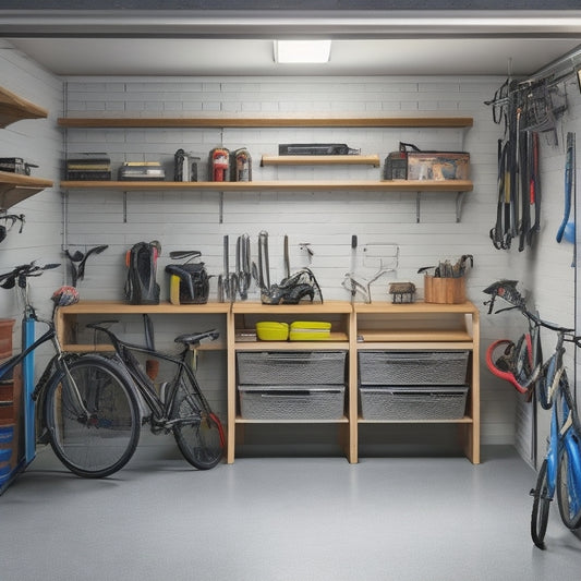 A clutter-free garage with a slatwall adorned with hooks holding bikes, tools, and accessories, a floor-to-ceiling shelving unit storing labeled bins, and a sleek workbench with built-in cabinets.
