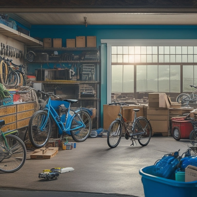 A cluttered garage with bicycles, tools, and boxes scattered around, a car parked in the background, with a subtle hint of a neighborhood with identical houses in the distance.