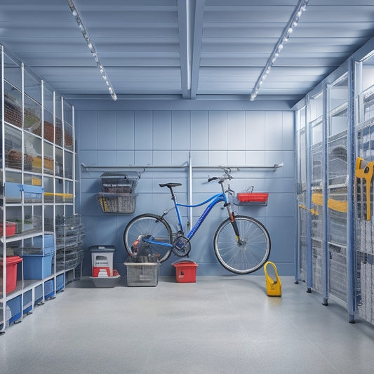 A clutter-free garage with a sleek, silver overhead storage rack system, holding several labeled bins and a few bicycles, suspended from the ceiling amidst a backdrop of organized toolboxes and a polished concrete floor.