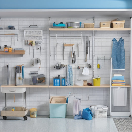 A clutter-free garage or laundry room with a sleek, white pegboard as the central focal point, adorned with neatly organized cleaning supplies and tools in a variety of shapes and sizes.