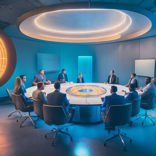 A futuristic, dimly-lit conference room with a large, circular, glowing whiteboard at its center, surrounded by diverse, engaged professionals with colorful sticky notes and futuristic gadgets.