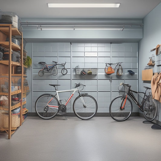 An organized garage interior with sleek, wall-mounted shelves, baskets, and hooks, showcasing a clutter-free workspace, a parked car, and a few bicycles suspended from the ceiling.