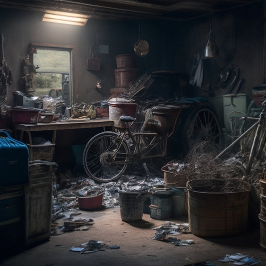 A dimly lit, cluttered garage with cobweb-covered bicycles, rusty tools, and stacked boxes, surrounded by scattered trash and forgotten memorabilia, with a faint outline of a car buried beneath the mess.