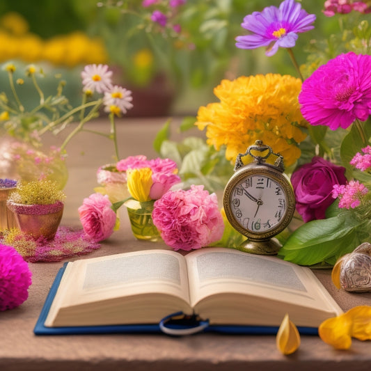 A bright, blooming garden scene with various flowers and greenery, featuring a small, open book or journal with a tiny clock or calendar peeking out, surrounded by scattered petals and leaves.