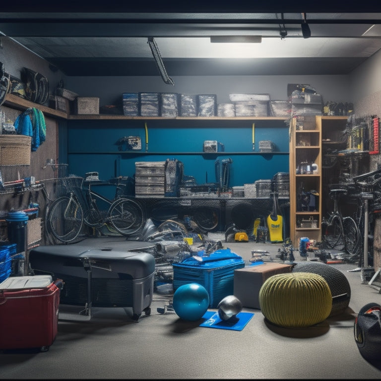 A cluttered garage with a treadmill, exercise bike, and weights scattered around, with a few boxes and tools in the background, and a faint outline of a organized space in the corner.