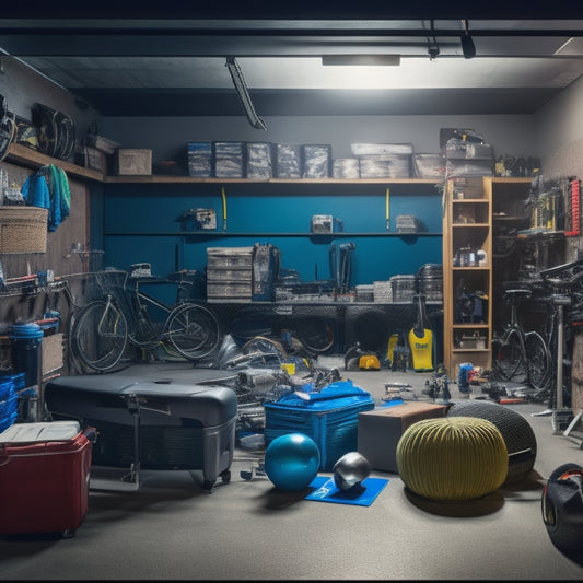 A cluttered garage with a treadmill, exercise bike, and weights scattered around, with a few boxes and tools in the background, and a faint outline of a organized space in the corner.