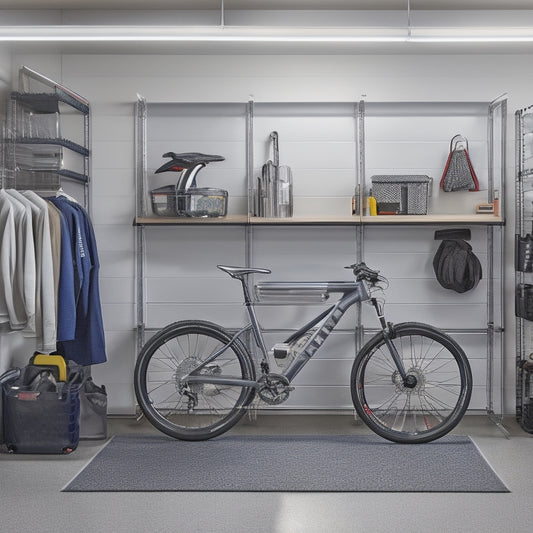 An organized garage with a sleek, silver sports car parked in the center, surrounded by labeled storage bins, a pegboard with hanging tools, and a wall-mounted bike rack.
