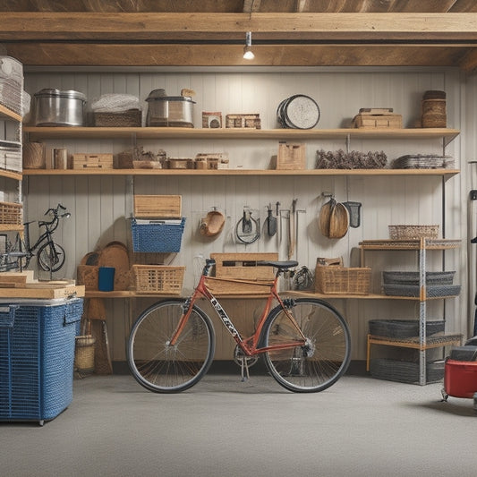 A well-organized garage with adjustable shelves made of sturdy metal frames and wooden planks, holding various storage bins, tools, and equipment, with a ladder and a few bicycles in the background.