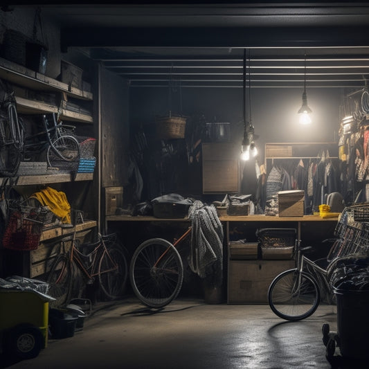 A dimly lit, cramped garage with bicycles, tools, and storage bins scattered chaotically, surrounded by cobwebs, with a single, faint light bulb hanging from the ceiling, casting a warm, golden glow.