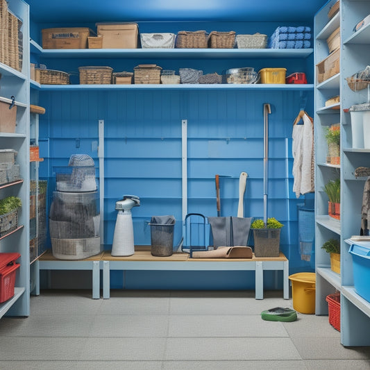 An organized garage with a senior-friendly layout: clear pathways, waist-high shelving, and labeled bins, with a walking cane and gardening tools nearby, set against a calm, light-blue background.