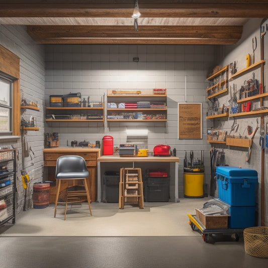 A clutter-free, well-organized small garage interior with a slatwall, hooks, bins, and a loft storage area above, revealing a workbench, toolbox, and a compact, parked car.