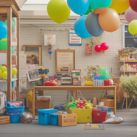 A colorful, organized garage sale setup with neatly arranged tables, vibrant balloons, and a few customers browsing through items, with a prominent kit box in the center, overflowing with sale signage and supplies.