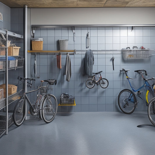 A well-lit, clutter-free garage interior with sleek, silver Fasttrack rails and hooks, holding organized bins, bicycles, and tools, against a clean, gray concrete floor and neutral-colored walls.