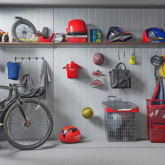 A clutter-free garage with a slatwall featuring hooks, bins, and shelves, holding various sports equipment like bikes, helmets, balls, and bags, with a prominently displayed storage cabinet in the background.