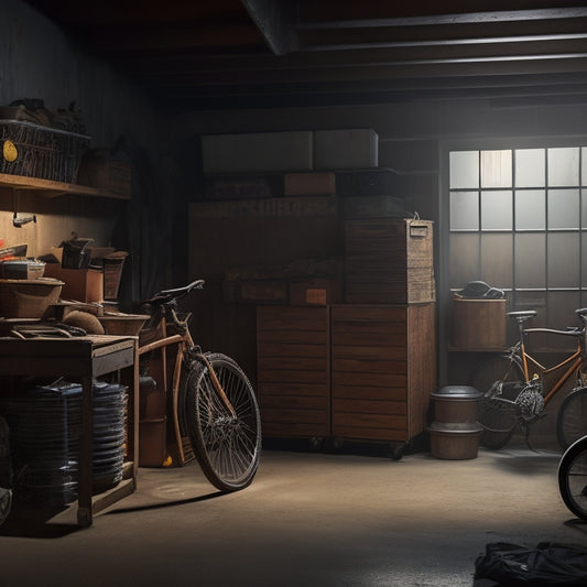 A dimly lit garage interior with scattered tools, rusty bicycles, and stacked boxes, featuring a mysterious, partially hidden door or secret compartment in the background.