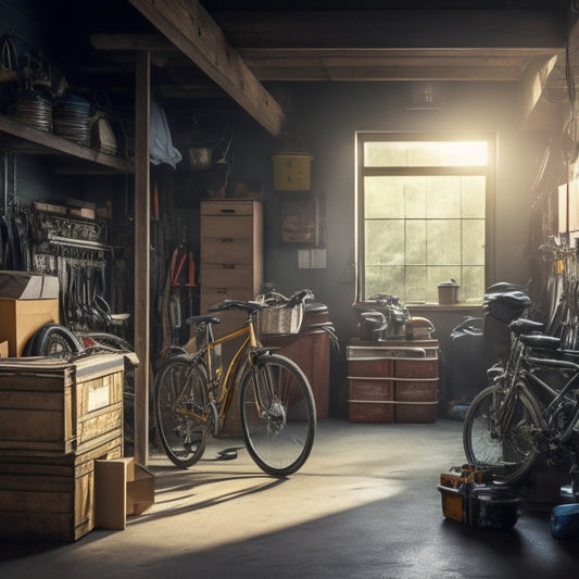 A cluttered garage interior with tools scattered on the floor, bicycles leaning against the walls, and boxes stacked haphazardly, with a single, open door in the background, casting a beam of light.