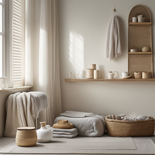 A serene, minimalist room with a few, carefully selected items on shelves, and a few, neatly rolled blankets in woven baskets, surrounded by empty space and warm, natural light.