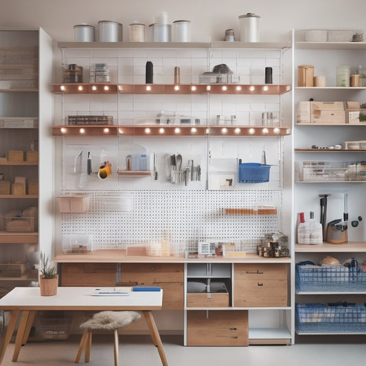 A clutter-free workshop with sleek, wall-mounted pegboards, transparent storage bins, and a modular shelving system, featuring a mix of open and closed compartments, illuminated by soft, warm overhead lighting.