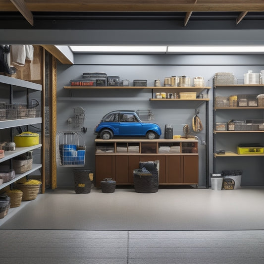 A tidy, well-lit garage interior with a compact car parked in the center, surrounded by wall-mounted shelves, baskets, and hooks, showcasing organized storage of tools, accessories, and seasonal items.