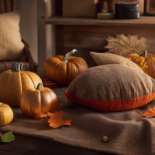 A warm, golden-lit scene featuring a plush pillow with autumnal leaf patterns, surrounded by fall-themed craft supplies, including burlap, twine, and artificial pumpkins, on a rustic wooden table.