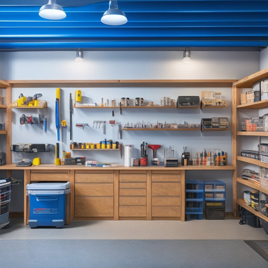 A tidy, well-lit garage with a sleek, wall-mounted pegboard displaying neatly organized tools, a compact workstation with a built-in vice, and a floor-to-ceiling shelving unit storing labeled bins.